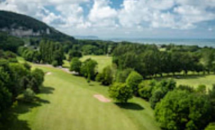First hole at Abergele Golf Club, overlooking Gwrych Castle.